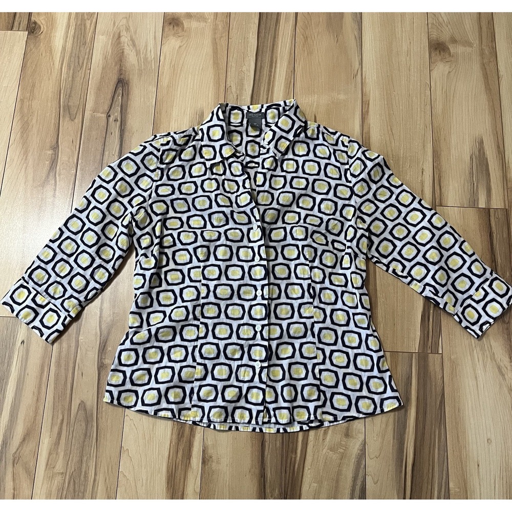 Ann Taylor Button-Up Yellow & Blue Geometric Blouse 3/4th Sleeve Sz 10 Petite